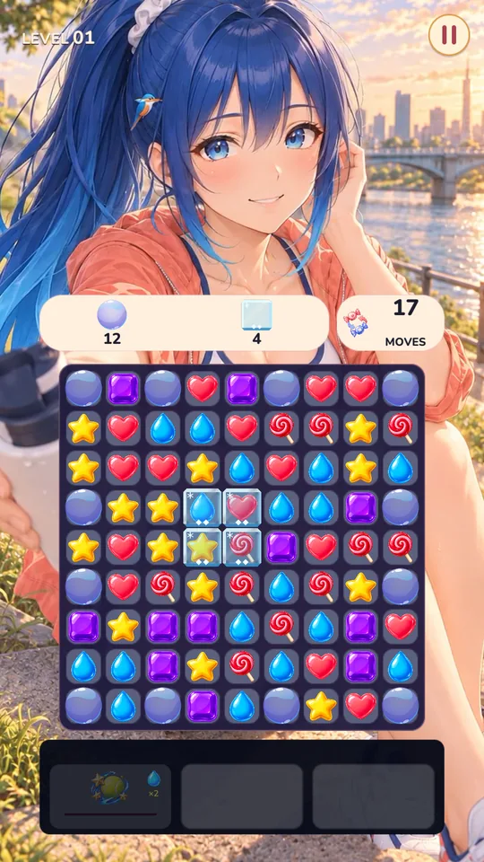 A match-3 board in front of Aoi on a riverside run